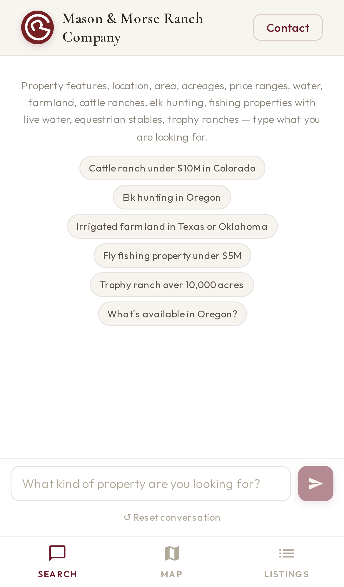 Ranchland AI Search on mobile: chat view