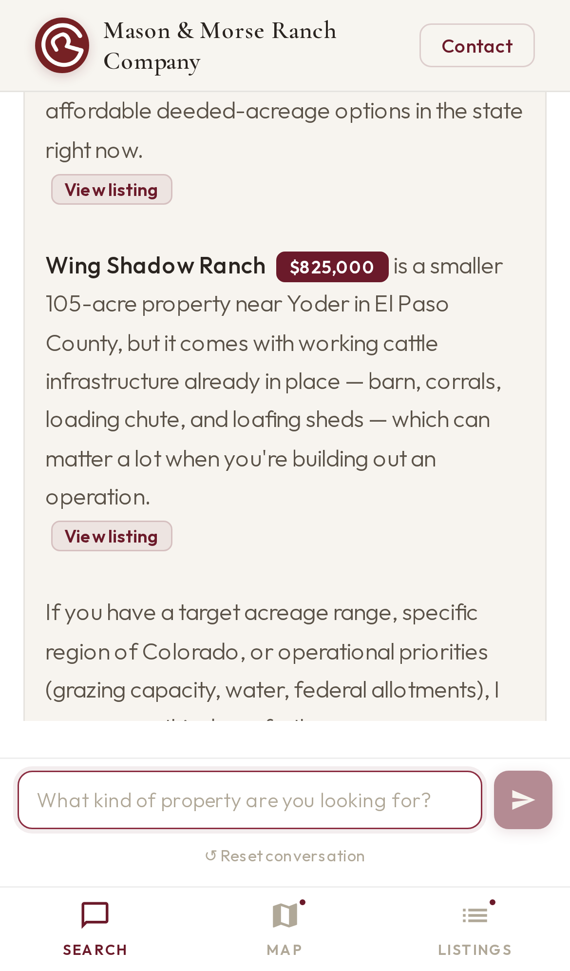 Ranchland AI Search on mobile: search results