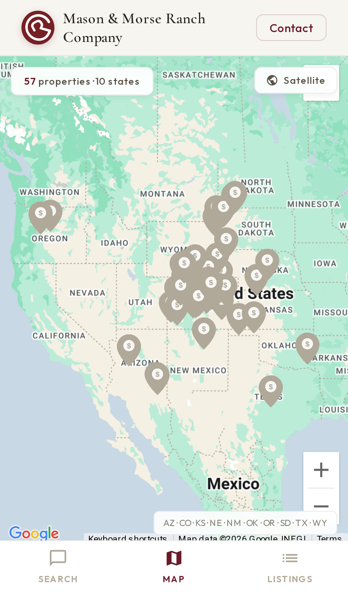 Ranchland AI Search on mobile: map view