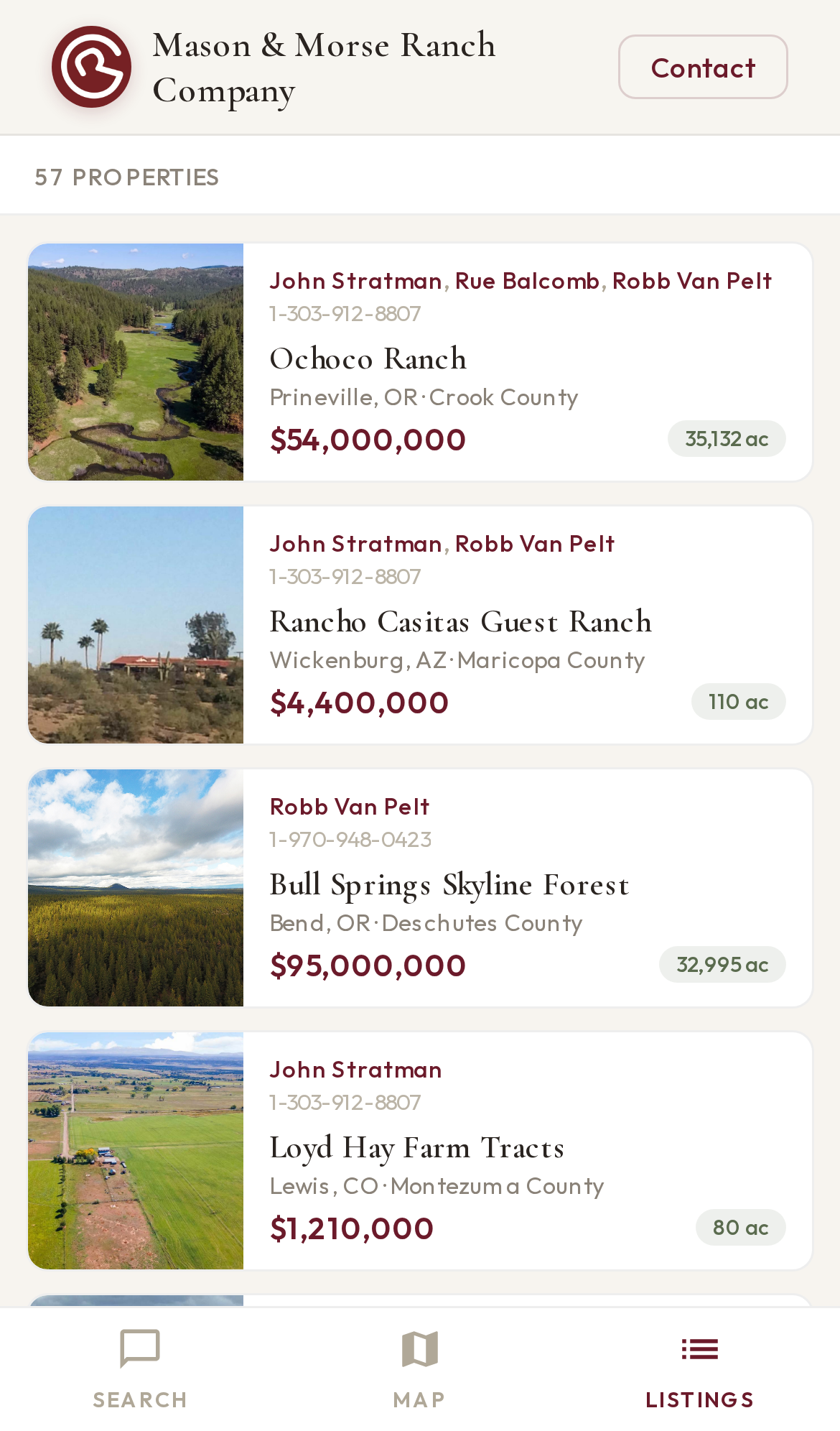 Ranchland AI Search on mobile: listings tab